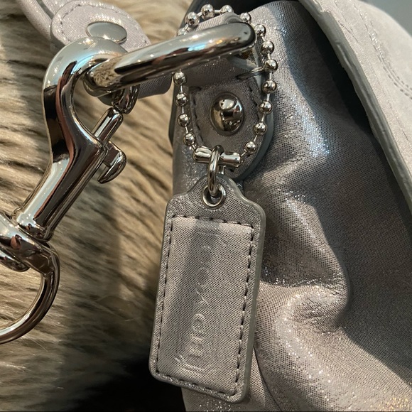 Shimmery Coach Poppy Gray Layla Silver Flap Bag - Picture 10 of 12